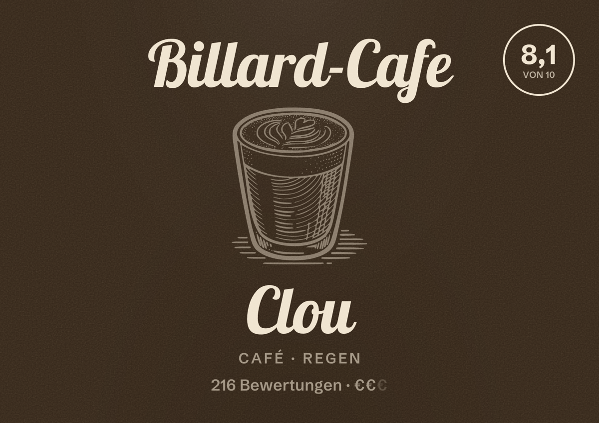 Illustriertes Poster von Billard-Cafe Clou, Café in Regen: Bewertung 8,1 von 10 aus 216 Bewertungen, Preisniveau €€