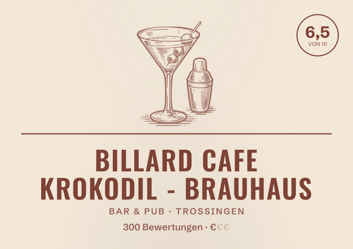 Illustriertes Poster von Billard Cafe Krokodil - Brauhaus, Bar & Pub in Trossingen: Bewertung 6,5 von 10 aus 300 Bewertungen, Preisniveau €