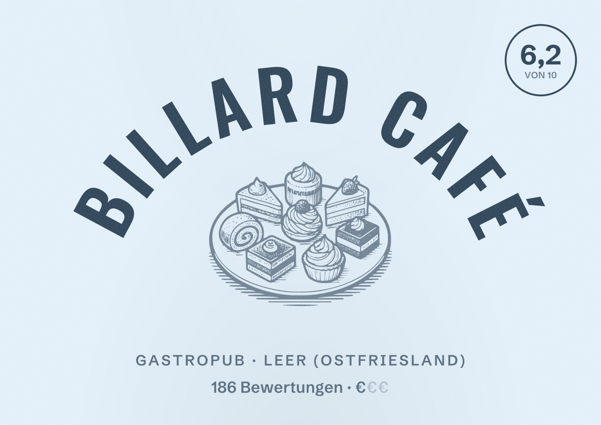 Illustriertes Poster von Billard Café, Gastropub in Leer (Ostfriesland): Bewertung 6,2 von 10 aus 186 Bewertungen, Preisniveau €