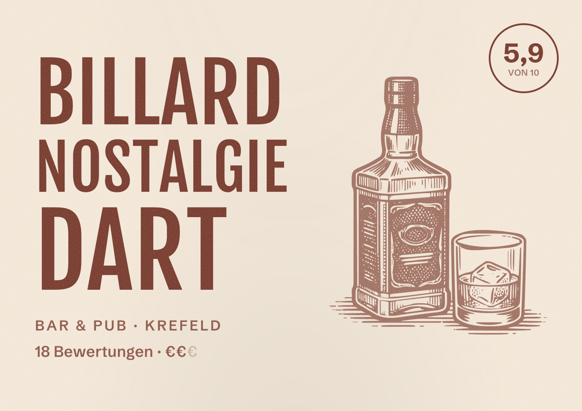 Illustriertes Poster von Billard Nostalgie Dart, Bar & Pub in Krefeld: Bewertung 5,9 von 10 aus 18 Bewertungen, Preisniveau €€