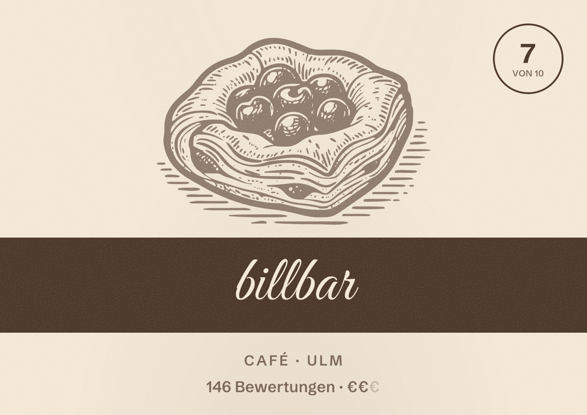 Illustriertes Poster von billbar, Café in Ulm: Bewertung 7 von 10 aus 146 Bewertungen, Preisniveau €€