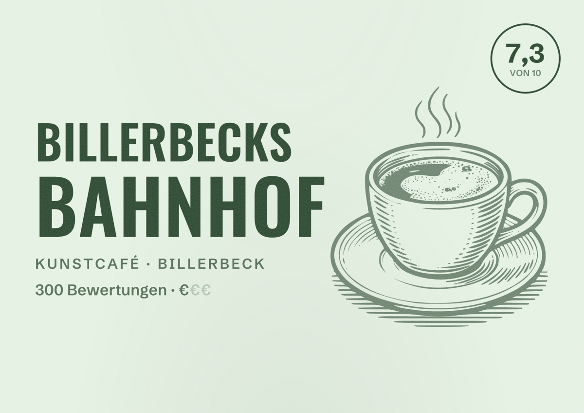 Illustriertes Poster von Billerbecks Bahnhof, Kunstcafé in Billerbeck: Bewertung 7,3 von 10 aus 300 Bewertungen, Preisniveau €