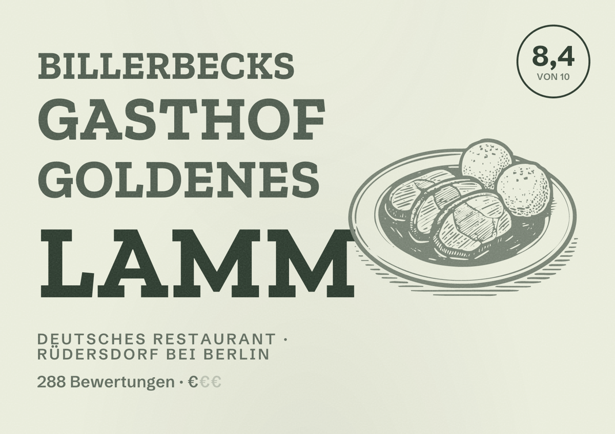 Illustriertes Poster von Billerbecks Gasthof Goldenes Lamm, Deutsches Restaurant in Rüdersdorf bei Berlin: Bewertung 8,4 von 10 aus 288 Bewertungen, Preisniveau €
