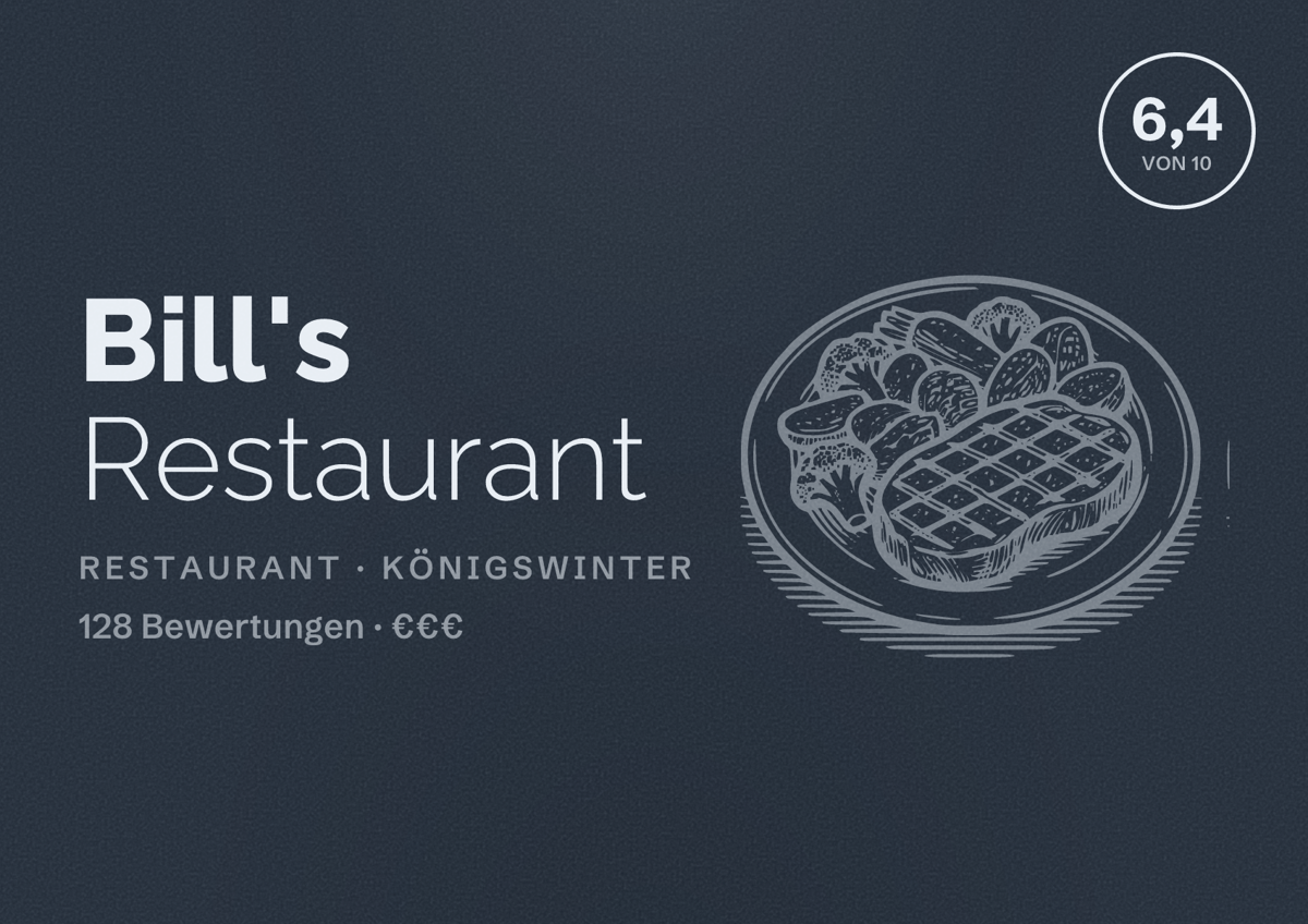 Illustriertes Poster von Bill's Restaurant, Restaurant in Königswinter: Bewertung 6,4 von 10 aus 128 Bewertungen, Preisniveau €€€
