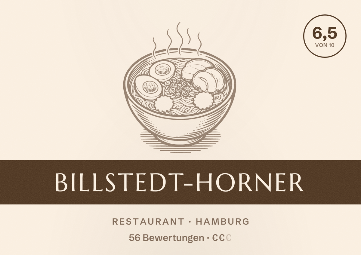 Illustriertes Poster von Billstedt-Horner, Restaurant in Hamburg: Bewertung 6,5 von 10 aus 56 Bewertungen, Preisniveau €€