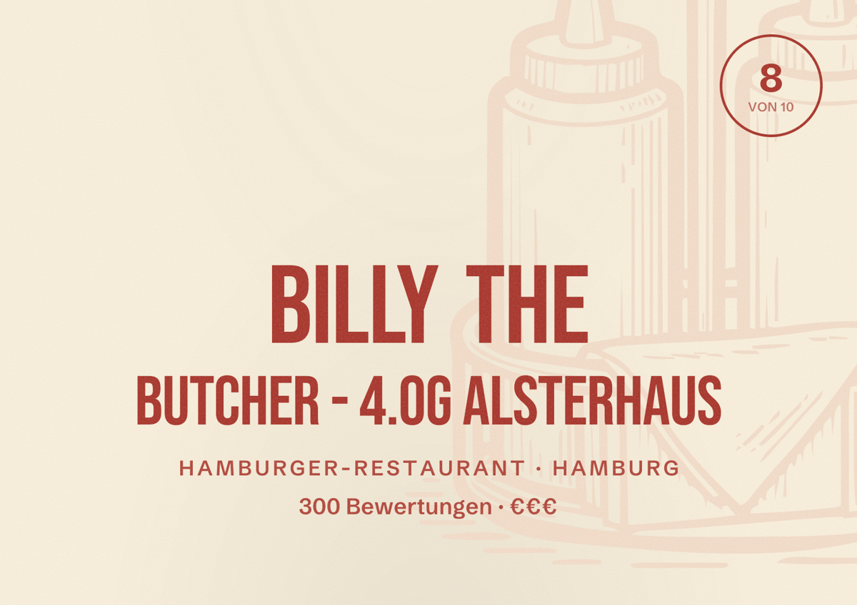 Illustriertes Poster von BILLY THE BUTCHER - 4.OG Alsterhaus, Hamburger-Restaurant in Hamburg: Bewertung 8 von 10 aus 300 Bewertungen, Preisniveau €€€