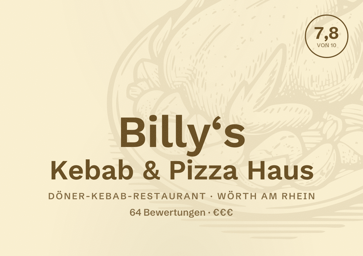 Illustriertes Poster von Billy‘s Kebab & Pizza Haus, Döner-Kebab-Restaurant in Wörth am Rhein: Bewertung 7,8 von 10 aus 64 Bewertungen, Preisniveau €€€