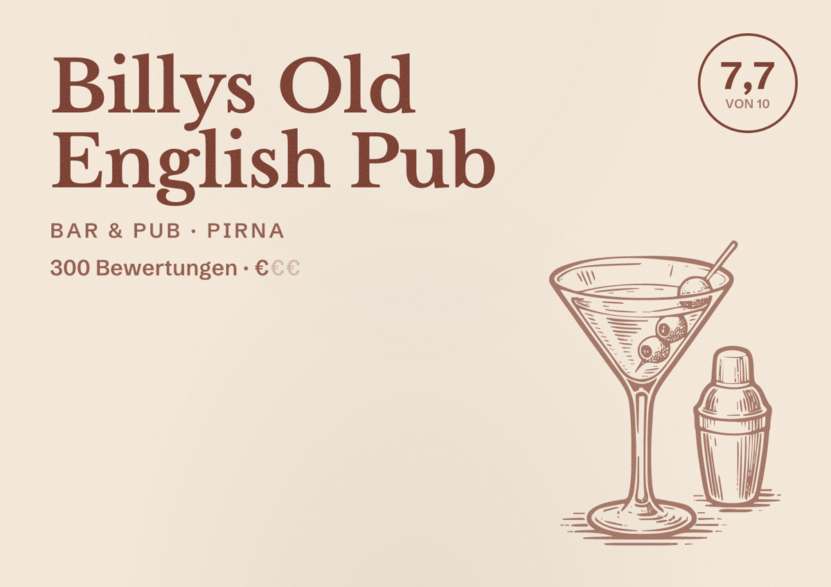 Illustriertes Poster von Billys Old English Pub, Bar & Pub in Pirna: Bewertung 7,7 von 10 aus 300 Bewertungen, Preisniveau €