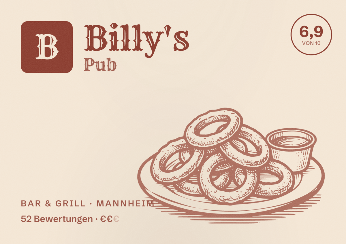 Illustriertes Poster von Billy's Pub, Bar & Grill in Mannheim: Bewertung 6,9 von 10 aus 52 Bewertungen, Preisniveau €€