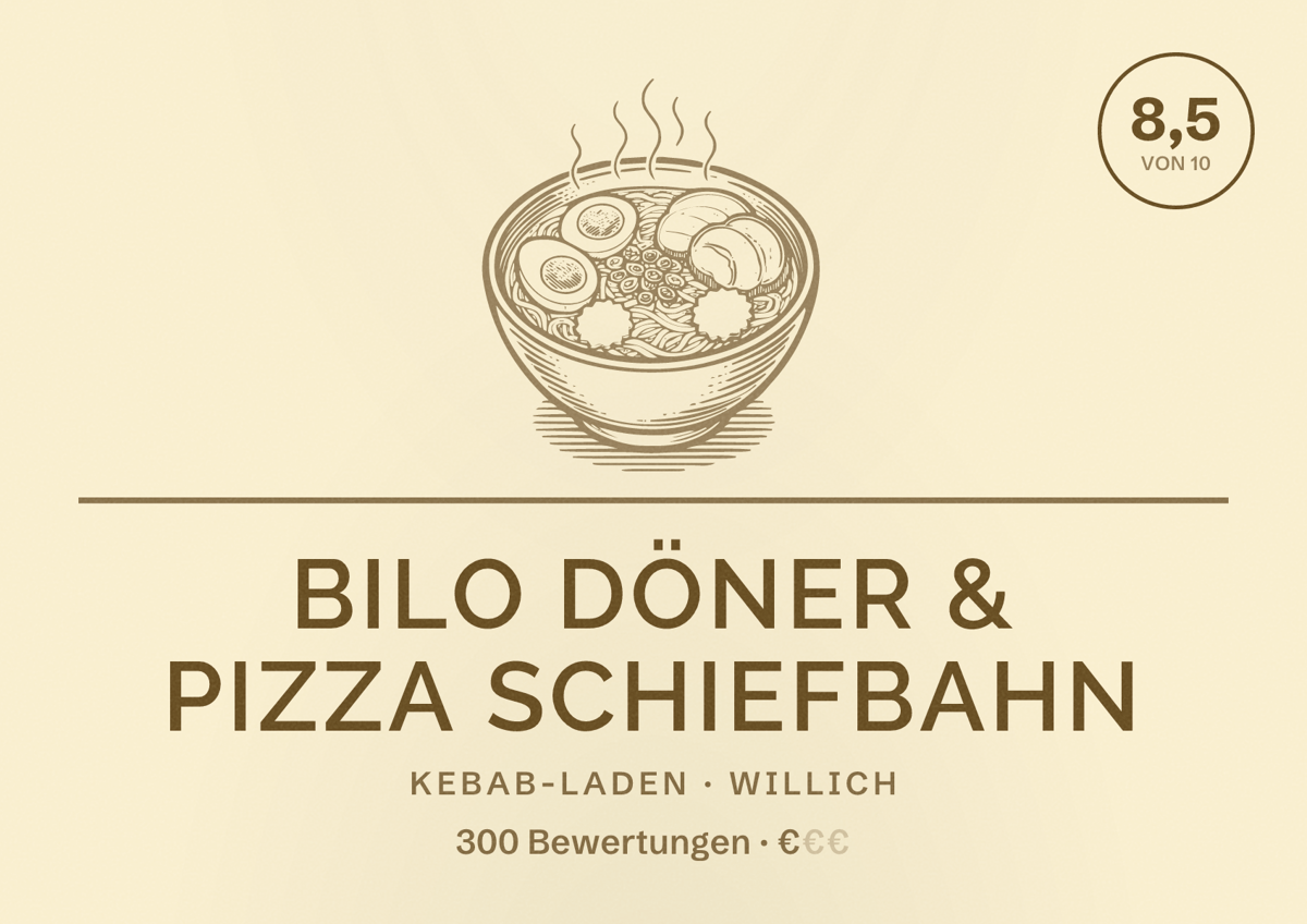 Illustriertes Poster von Bilo Döner & Pizza Schiefbahn, Kebab-Laden in Willich: Bewertung 8,5 von 10 aus 300 Bewertungen, Preisniveau €