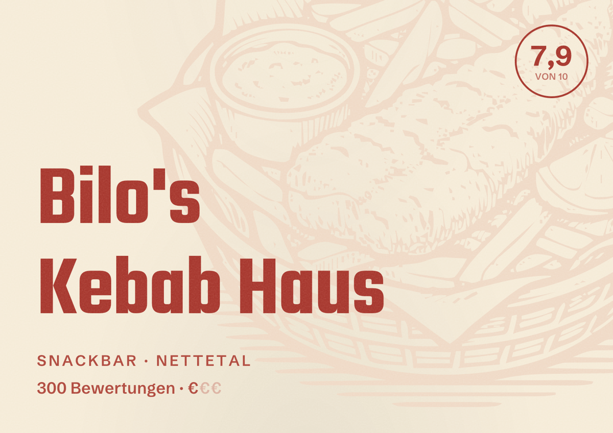 Illustriertes Poster von Bilo's Kebab Haus, Snackbar in Nettetal: Bewertung 7,9 von 10 aus 300 Bewertungen, Preisniveau €