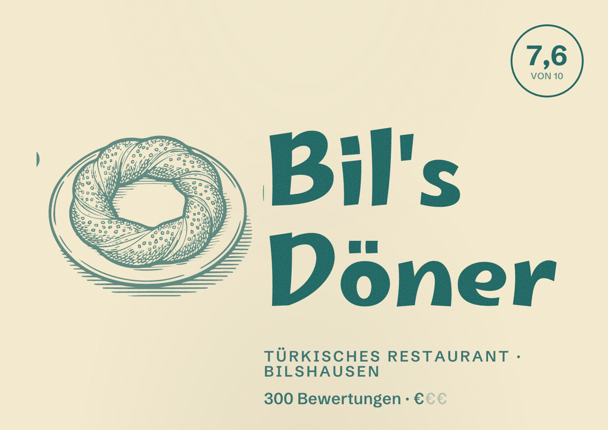 Illustriertes Poster von Bil's Döner, Türkisches Restaurant in Bilshausen: Bewertung 7,6 von 10 aus 300 Bewertungen, Preisniveau €