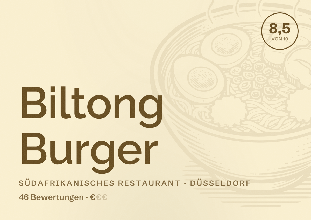 Illustriertes Poster von Biltong Burger, Südafrikanisches Restaurant in Düsseldorf: Bewertung 8,5 von 10 aus 46 Bewertungen, Preisniveau €