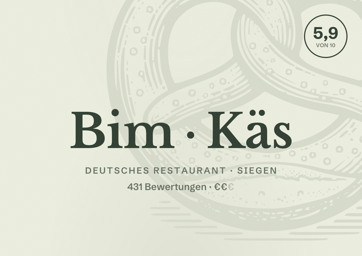 Illustriertes Poster von Bim Käs, Deutsches Restaurant in Siegen: Bewertung 5,9 von 10 aus 431 Bewertungen, Preisniveau €€