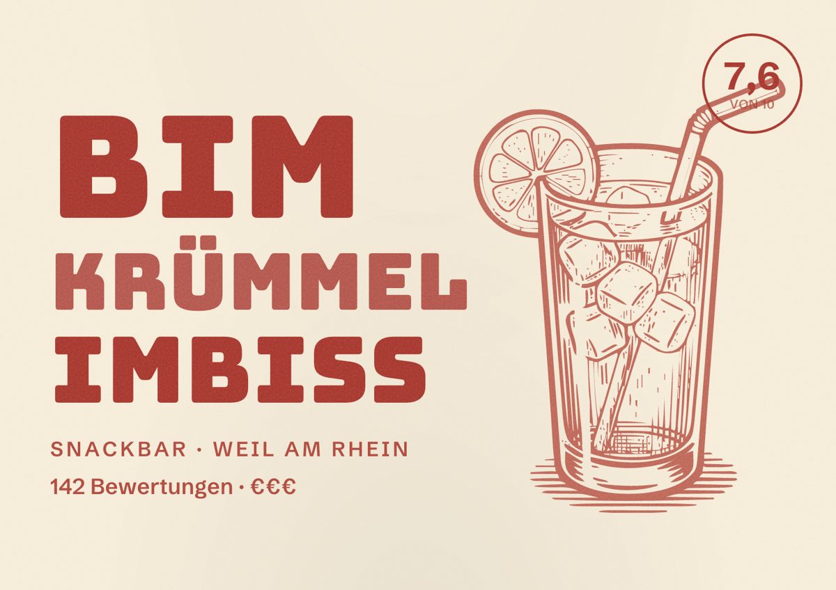 Illustriertes Poster von Bim Krümmel Imbiss, Snackbar in Weil am Rhein: Bewertung 7,6 von 10 aus 142 Bewertungen, Preisniveau €€€