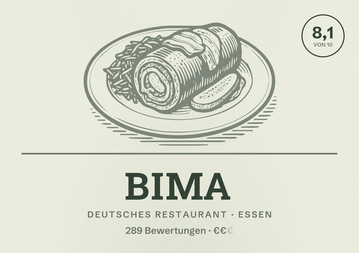Illustriertes Poster von BIMA, Deutsches Restaurant in Essen: Bewertung 8,1 von 10 aus 289 Bewertungen, Preisniveau €€