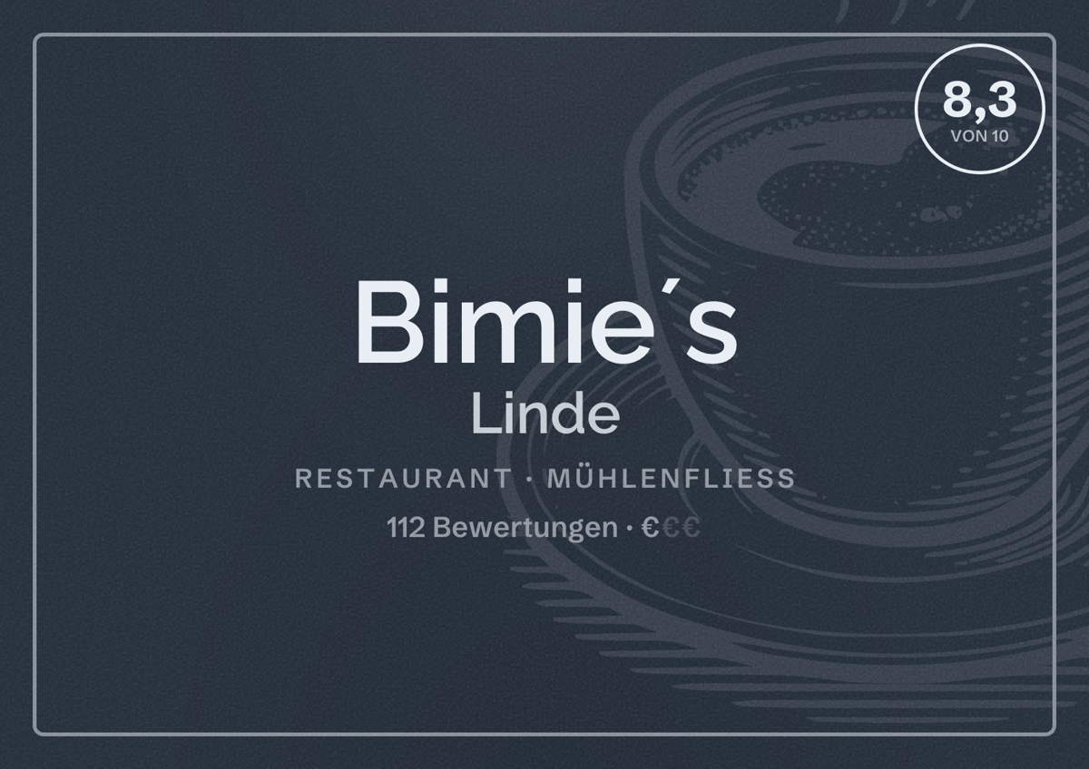 Illustriertes Poster von Bimie´s Linde, Restaurant in Mühlenfließ: Bewertung 8,3 von 10 aus 112 Bewertungen, Preisniveau €