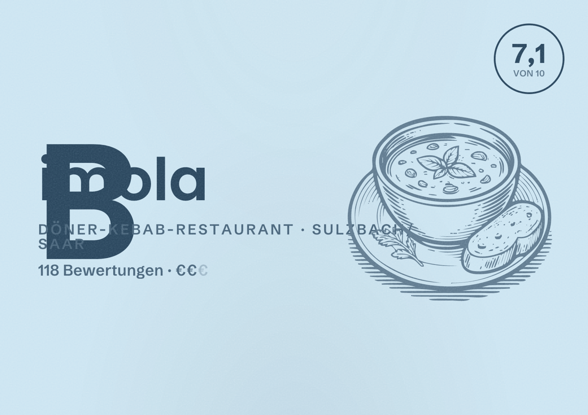 Illustriertes Poster von Bimola, Döner-Kebab-Restaurant in Sulzbach/Saar: Bewertung 7,1 von 10 aus 118 Bewertungen, Preisniveau €€