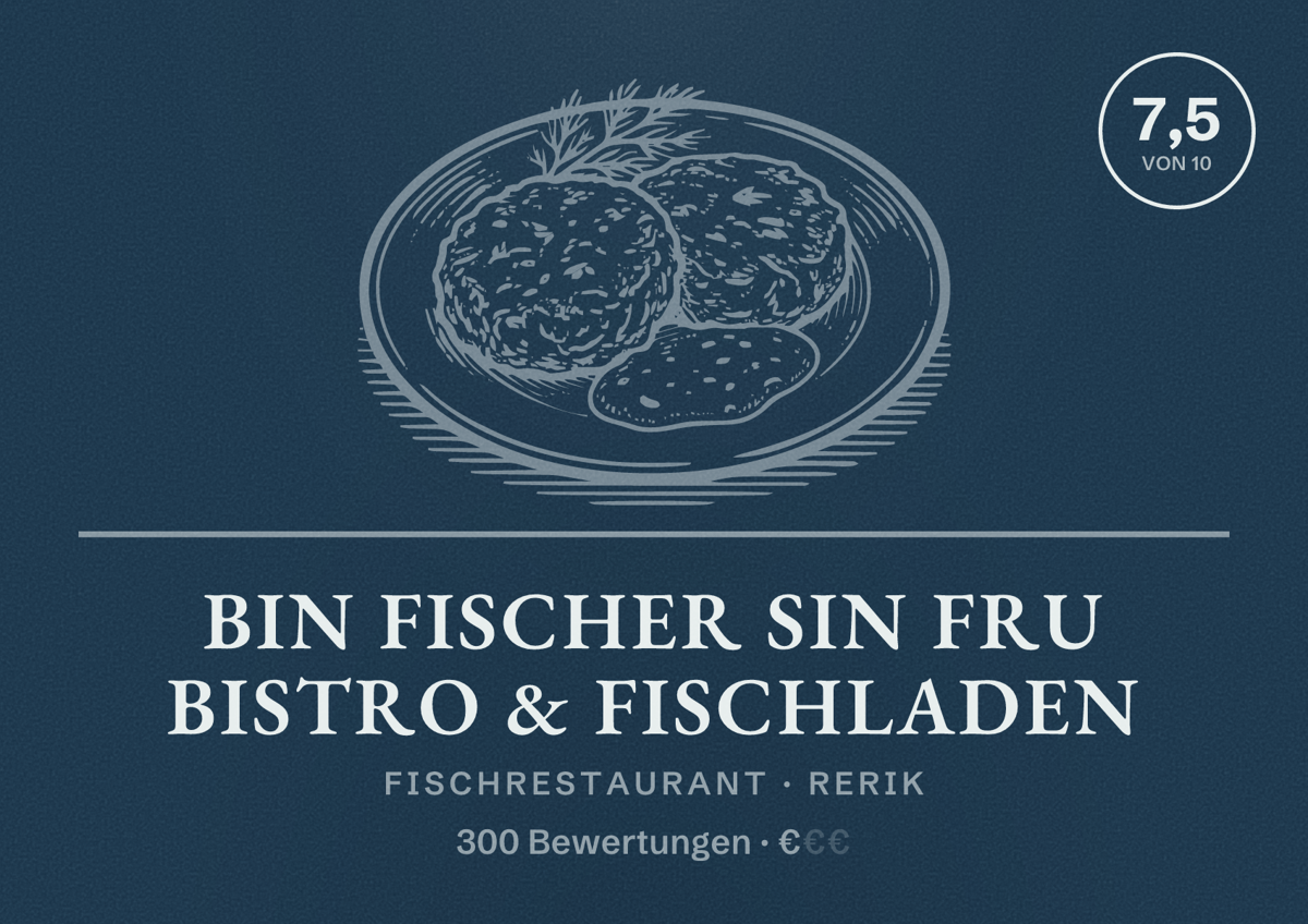 Illustriertes Poster von Bin Fischer sin Fru Bistro & Fischladen, Fischrestaurant in Rerik: Bewertung 7,5 von 10 aus 300 Bewertungen, Preisniveau €