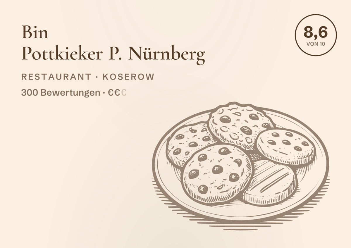 Illustriertes Poster von Bin Pottkieker P. Nürnberg, Restaurant in Koserow: Bewertung 8,6 von 10 aus 300 Bewertungen, Preisniveau €€