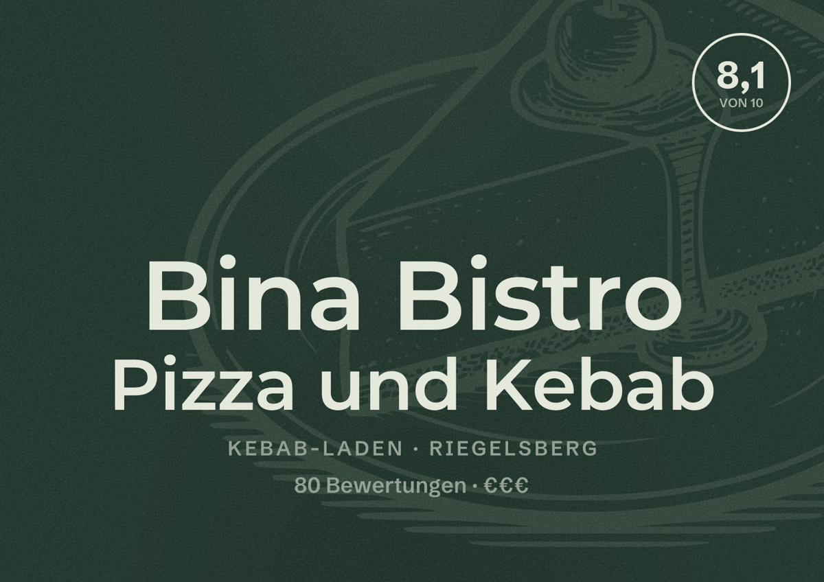 Illustriertes Poster von Bina Bistro Pizza und Kebab, Kebab-Laden in Riegelsberg: Bewertung 8,1 von 10 aus 80 Bewertungen, Preisniveau €€€