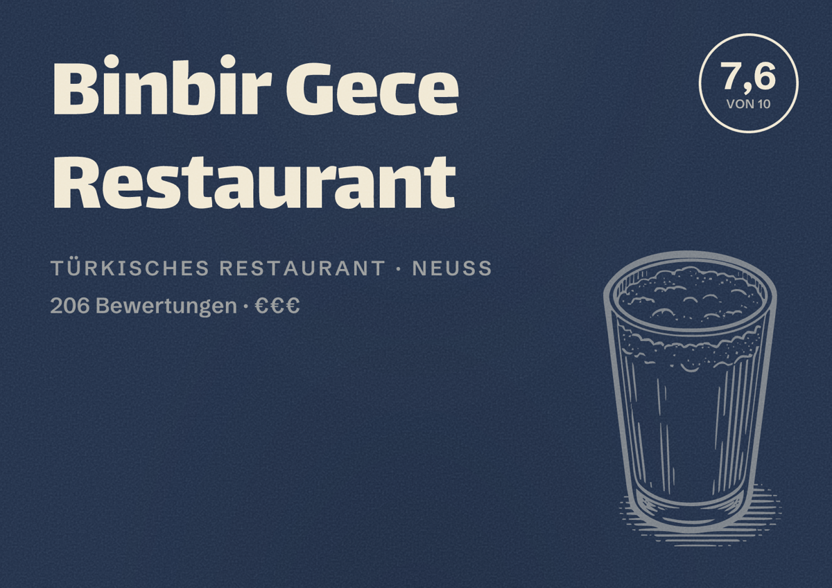 Illustriertes Poster von Binbir Gece Restaurant, Türkisches Restaurant in Neuss: Bewertung 7,6 von 10 aus 206 Bewertungen, Preisniveau €€€