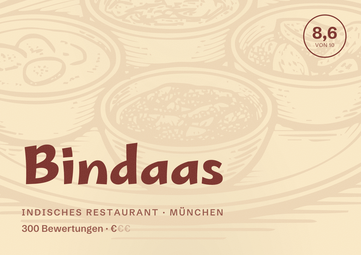 Illustriertes Poster von Bindaas, Indisches Restaurant in München: Bewertung 8,6 von 10 aus 300 Bewertungen, Preisniveau €