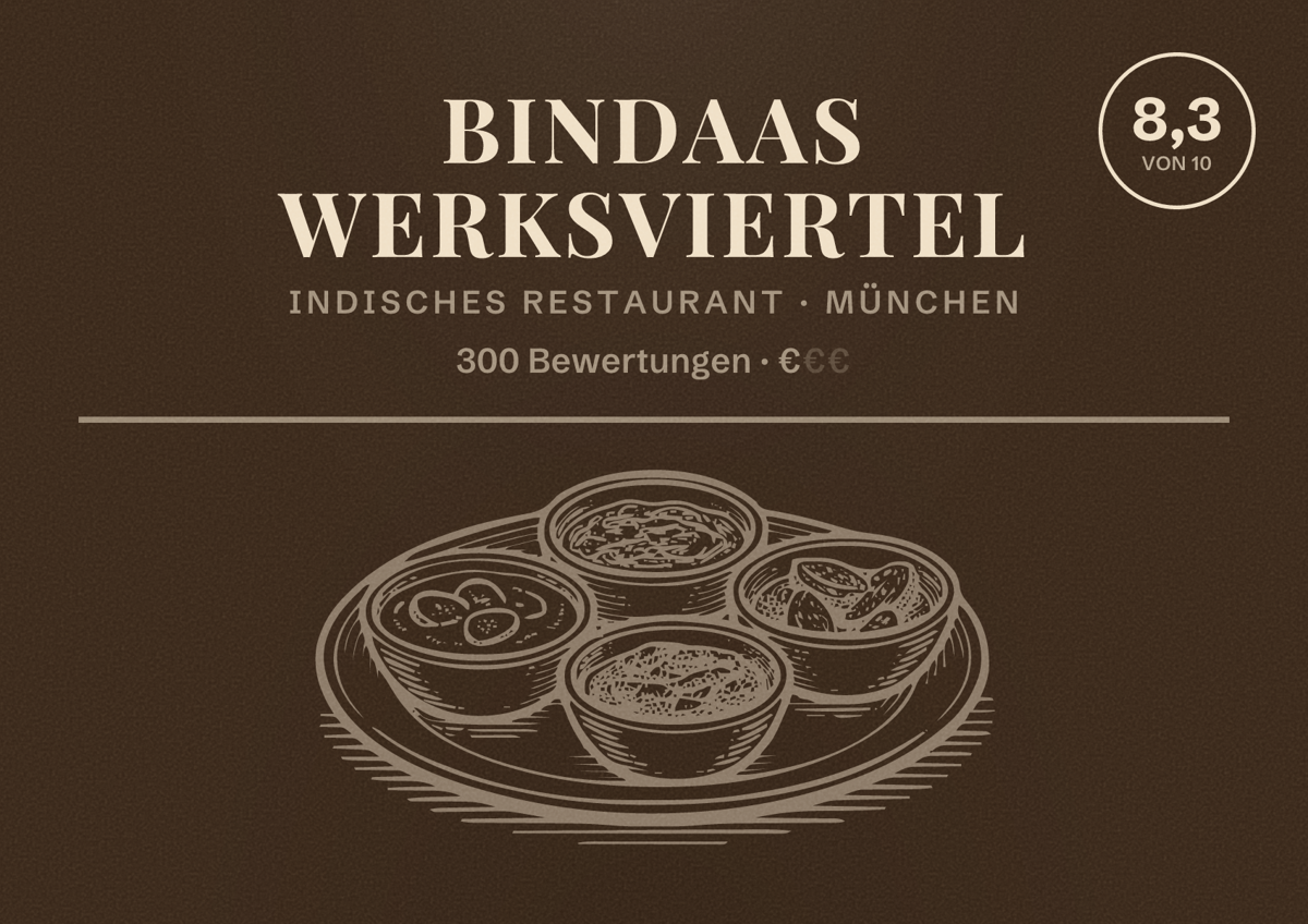 Illustriertes Poster von Bindaas Werksviertel, Indisches Restaurant in München: Bewertung 8,3 von 10 aus 300 Bewertungen, Preisniveau €