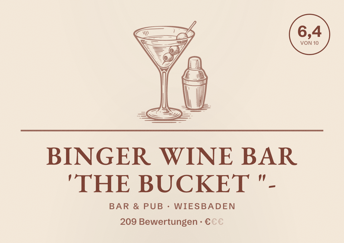 Illustriertes Poster von Binger Wine Bar 'The Bucket "-, Bar & Pub in Wiesbaden: Bewertung 6,4 von 10 aus 209 Bewertungen, Preisniveau €