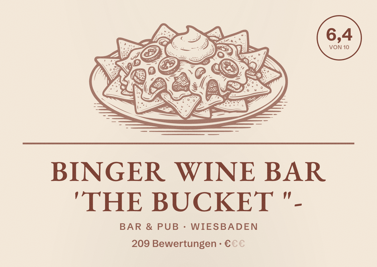 Illustriertes Poster von Binger Wine Bar 'The Bucket "-, Bar & Pub in Wiesbaden: Bewertung 6,4 von 10 aus 209 Bewertungen, Preisniveau €