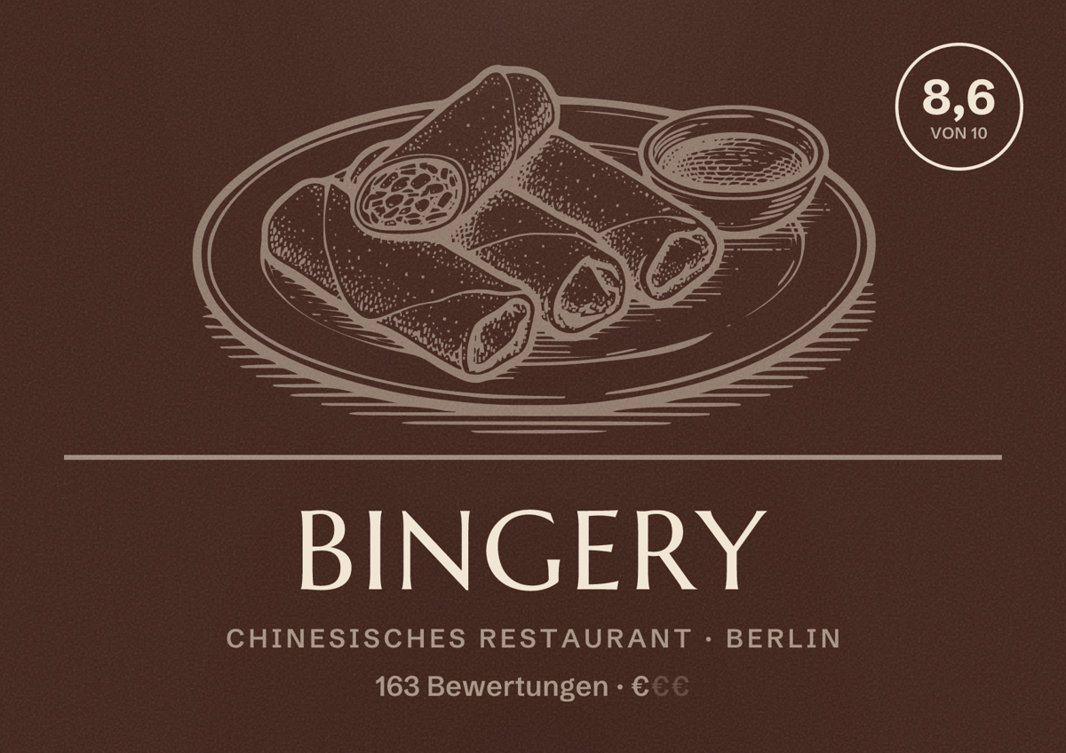 Illustriertes Poster von Bingery, Chinesisches Restaurant in Berlin: Bewertung 8,6 von 10 aus 163 Bewertungen, Preisniveau €