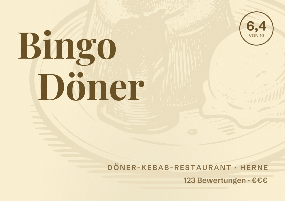 Illustriertes Poster von Bingo Döner, Döner-Kebab-Restaurant in Herne: Bewertung 6,4 von 10 aus 123 Bewertungen, Preisniveau €€€
