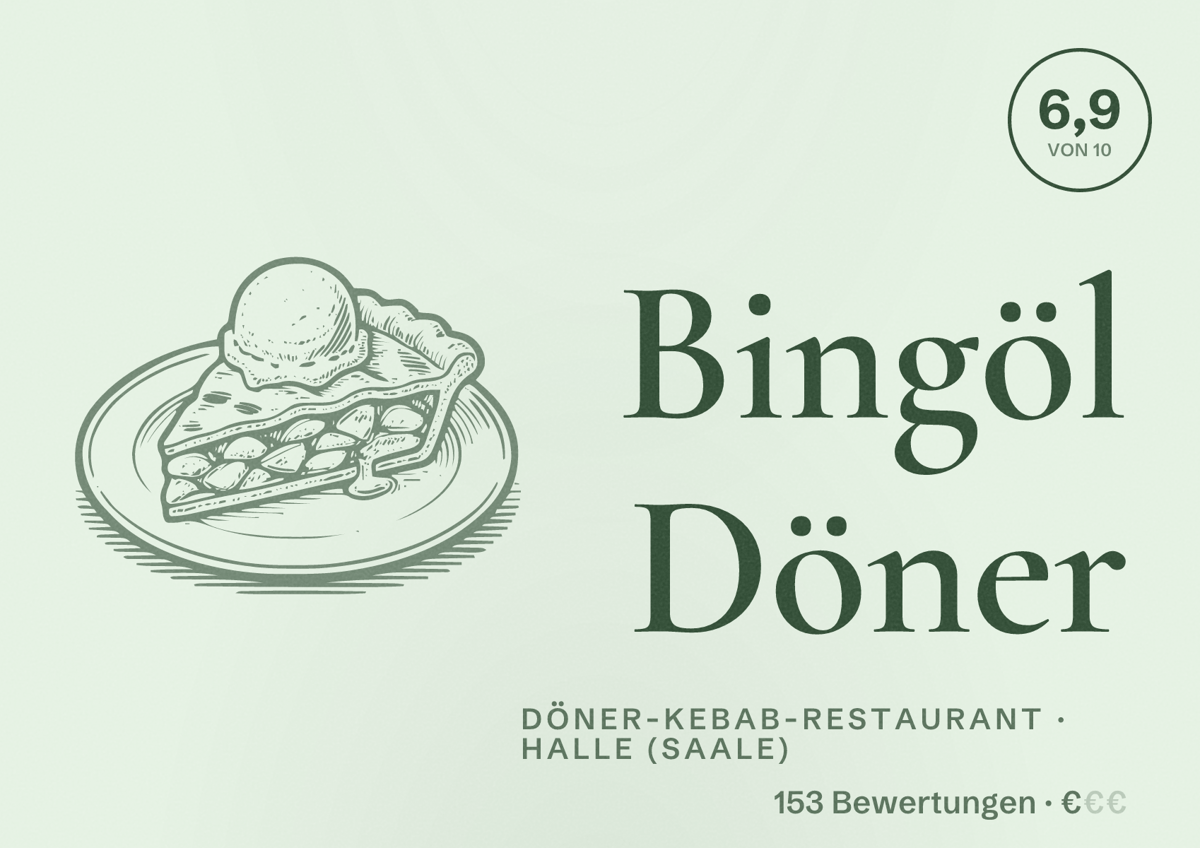 Illustriertes Poster von Bingöl Döner, Döner-Kebab-Restaurant in Halle (Saale): Bewertung 6,9 von 10 aus 153 Bewertungen, Preisniveau €