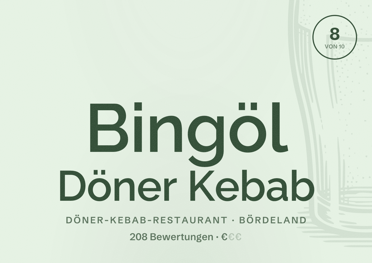 Illustriertes Poster von Bingöl Döner Kebab, Döner-Kebab-Restaurant in Bördeland: Bewertung 8 von 10 aus 208 Bewertungen, Preisniveau €