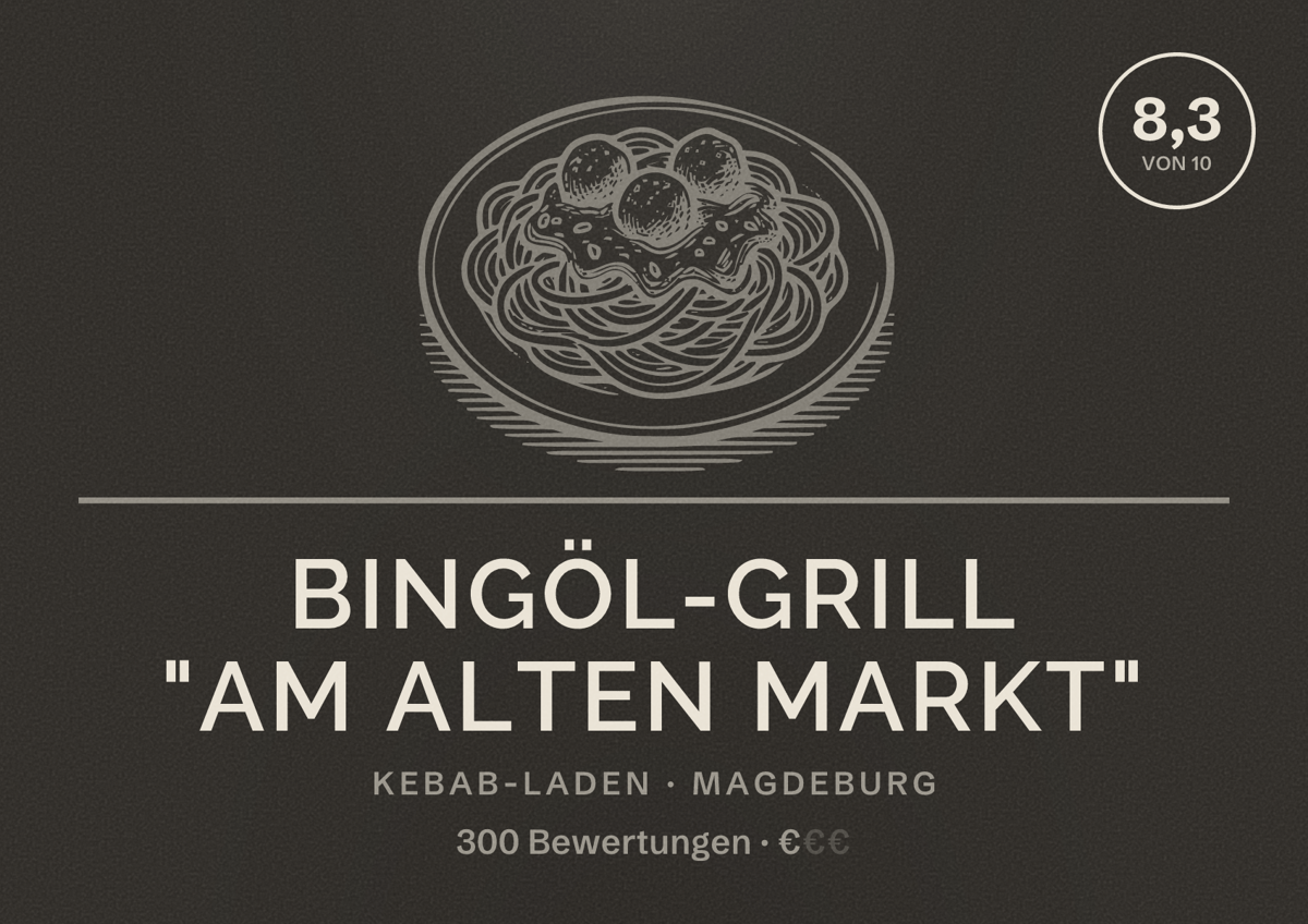 Illustriertes Poster von Bingöl-Grill "Am Alten Markt", Kebab-Laden in Magdeburg: Bewertung 8,3 von 10 aus 300 Bewertungen, Preisniveau €