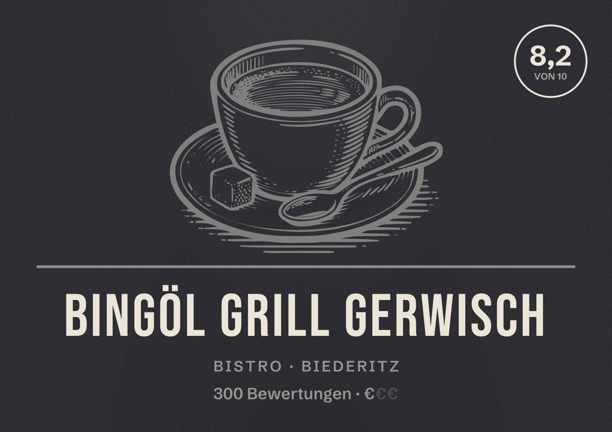 Illustriertes Poster von Bingöl Grill Gerwisch, Bistro in Biederitz: Bewertung 8,2 von 10 aus 300 Bewertungen, Preisniveau €