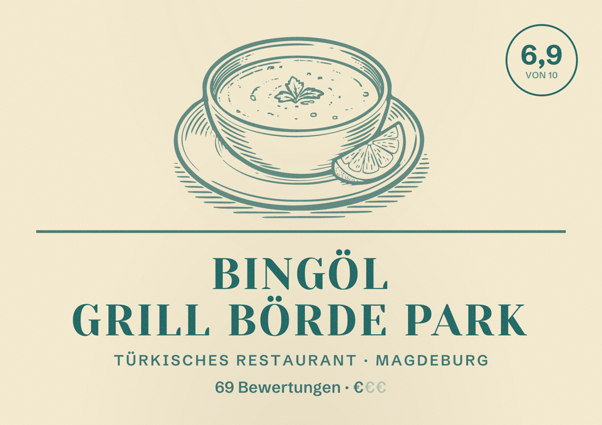 Illustriertes Poster von Bingöl Grill Börde Park, Türkisches Restaurant in Magdeburg: Bewertung 6,9 von 10 aus 69 Bewertungen, Preisniveau €