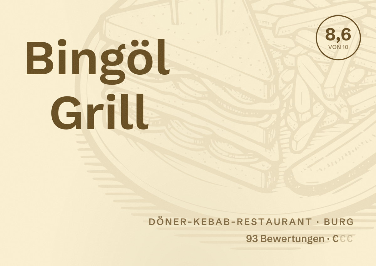 Illustriertes Poster von Bingöl Grill, Döner-Kebab-Restaurant in Burg: Bewertung 8,6 von 10 aus 93 Bewertungen, Preisniveau €