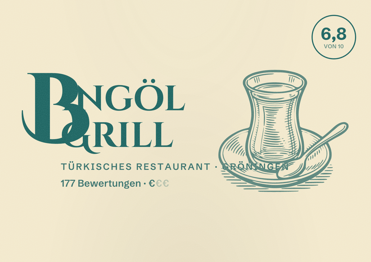 Illustriertes Poster von Bingöl Grill, Türkisches Restaurant in Gröningen: Bewertung 6,8 von 10 aus 177 Bewertungen, Preisniveau €