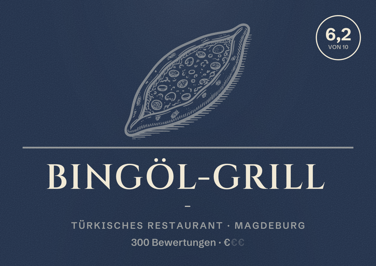 Illustriertes Poster von Bingöl-Grill -, Türkisches Restaurant in Magdeburg: Bewertung 6,2 von 10 aus 300 Bewertungen, Preisniveau €