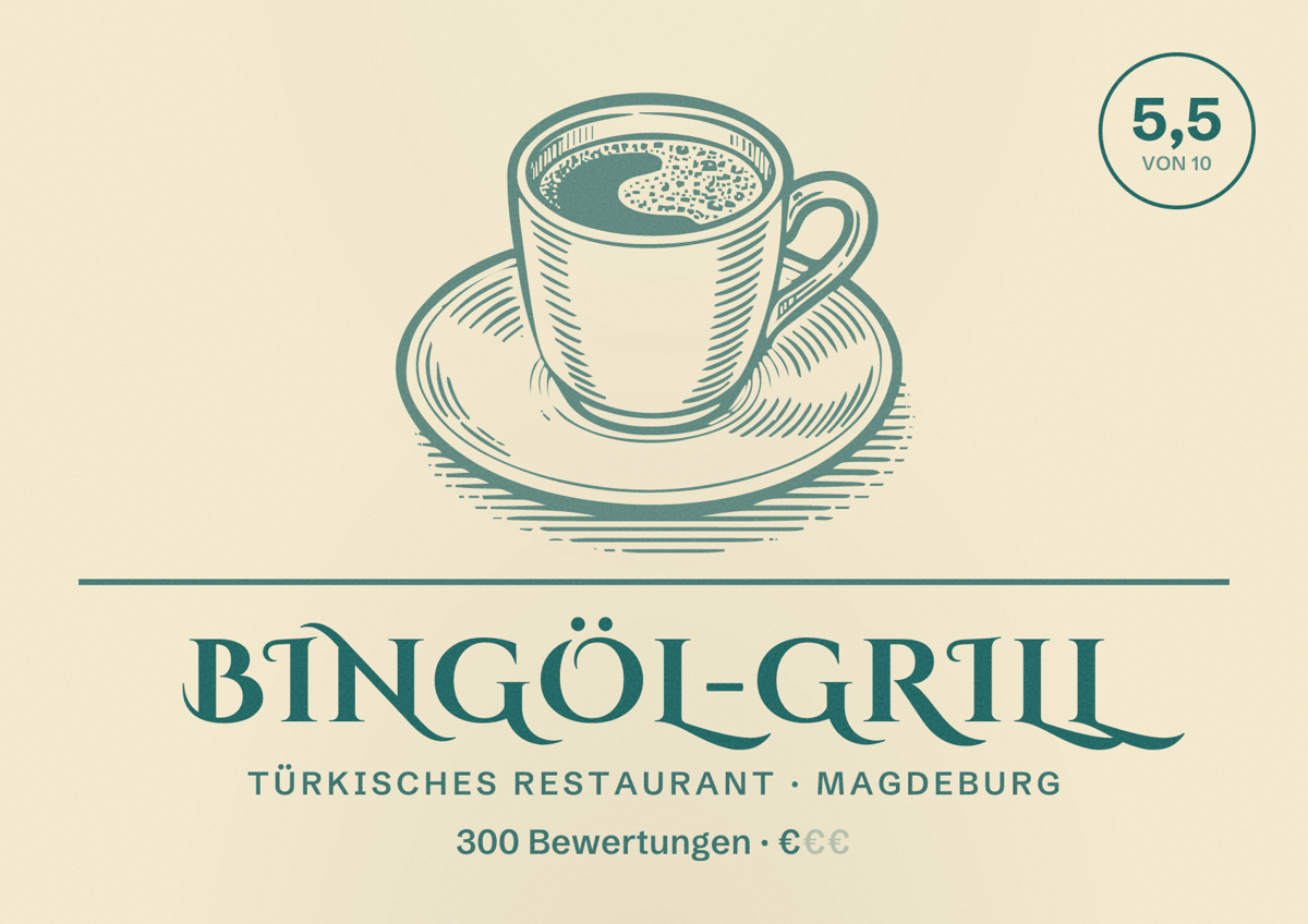 Illustriertes Poster von Bingöl-Grill, Türkisches Restaurant in Magdeburg: Bewertung 5,5 von 10 aus 300 Bewertungen, Preisniveau €