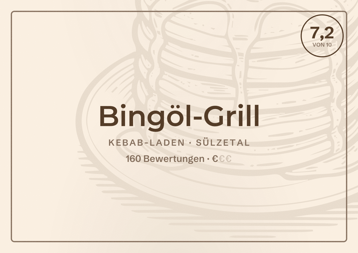 Illustriertes Poster von Bingöl-Grill, Kebab-Laden in Sülzetal: Bewertung 7,2 von 10 aus 160 Bewertungen, Preisniveau €