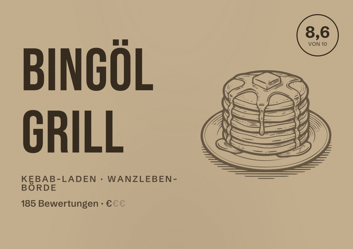 Illustriertes Poster von Bingöl Grill, Kebab-Laden in Wanzleben-Börde: Bewertung 8,6 von 10 aus 185 Bewertungen, Preisniveau €