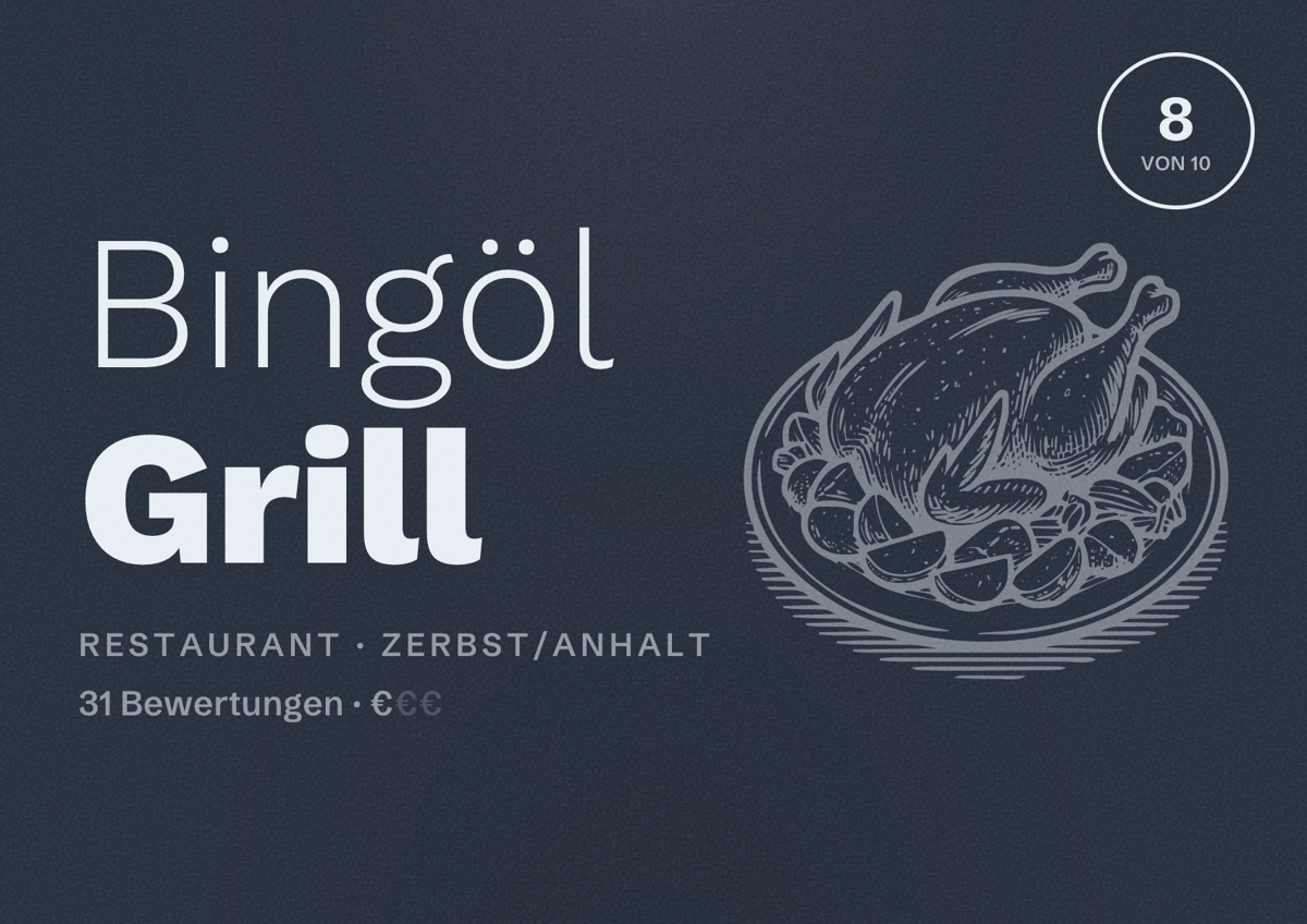 Illustriertes Poster von Bingöl Grill, Restaurant in Zerbst/Anhalt: Bewertung 8 von 10 aus 31 Bewertungen, Preisniveau €