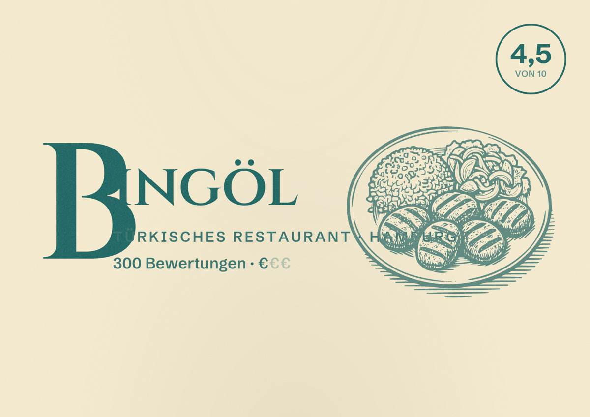 Illustriertes Poster von Bingöl, Türkisches Restaurant in Hamburg: Bewertung 4,5 von 10 aus 300 Bewertungen, Preisniveau €
