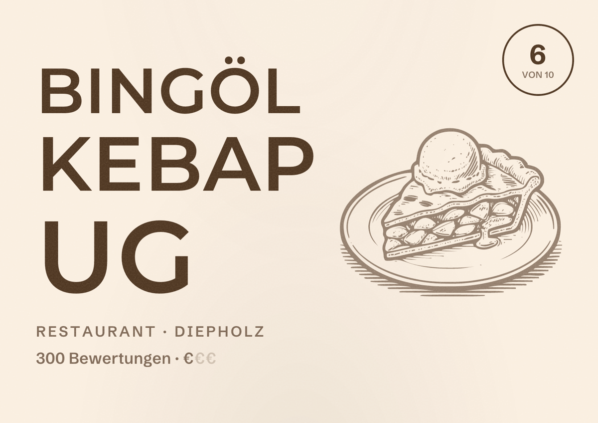 Illustriertes Poster von Bingöl Kebap UG, Restaurant in Diepholz: Bewertung 6 von 10 aus 300 Bewertungen, Preisniveau €