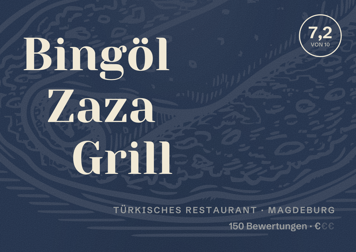 Illustriertes Poster von Bingöl Zaza Grill, Türkisches Restaurant in Magdeburg: Bewertung 7,2 von 10 aus 150 Bewertungen, Preisniveau €