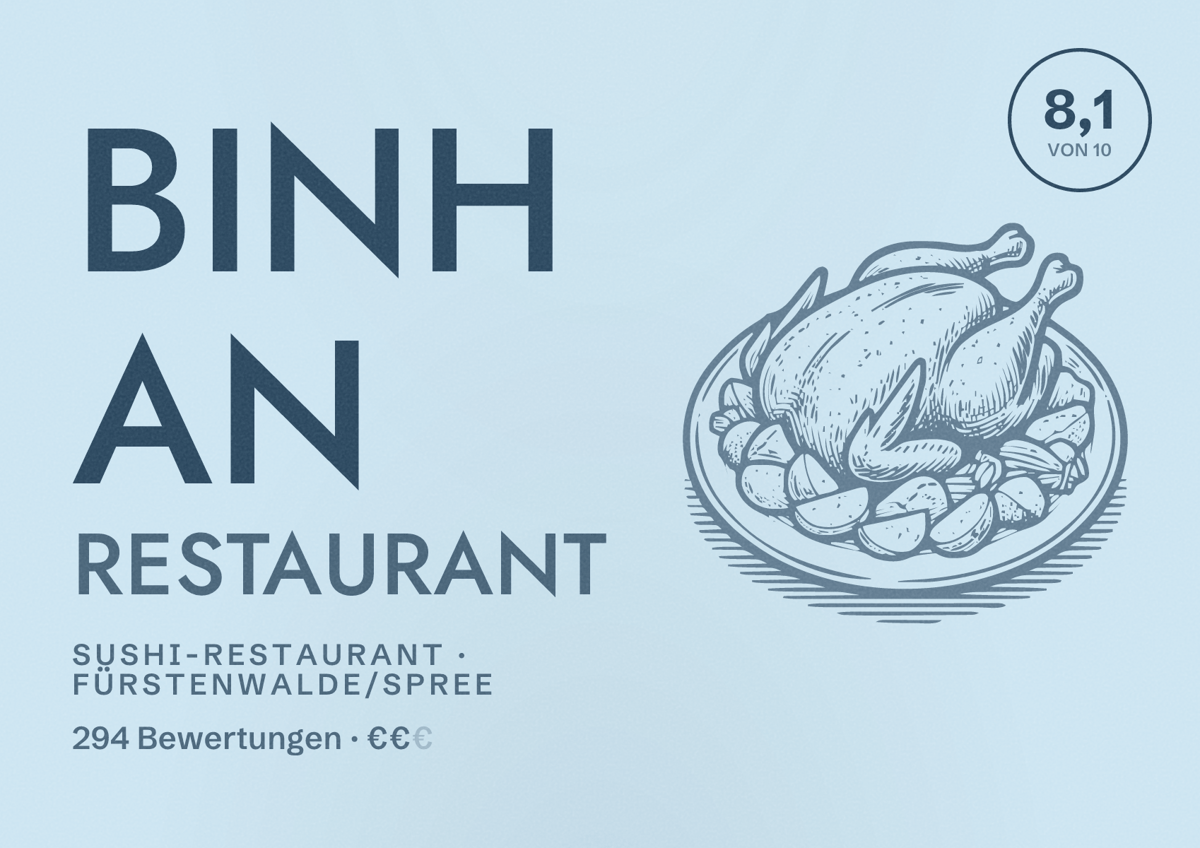 Illustriertes Poster von Binh An Restaurant, Sushi-Restaurant in Fürstenwalde/Spree: Bewertung 8,1 von 10 aus 294 Bewertungen, Preisniveau €€