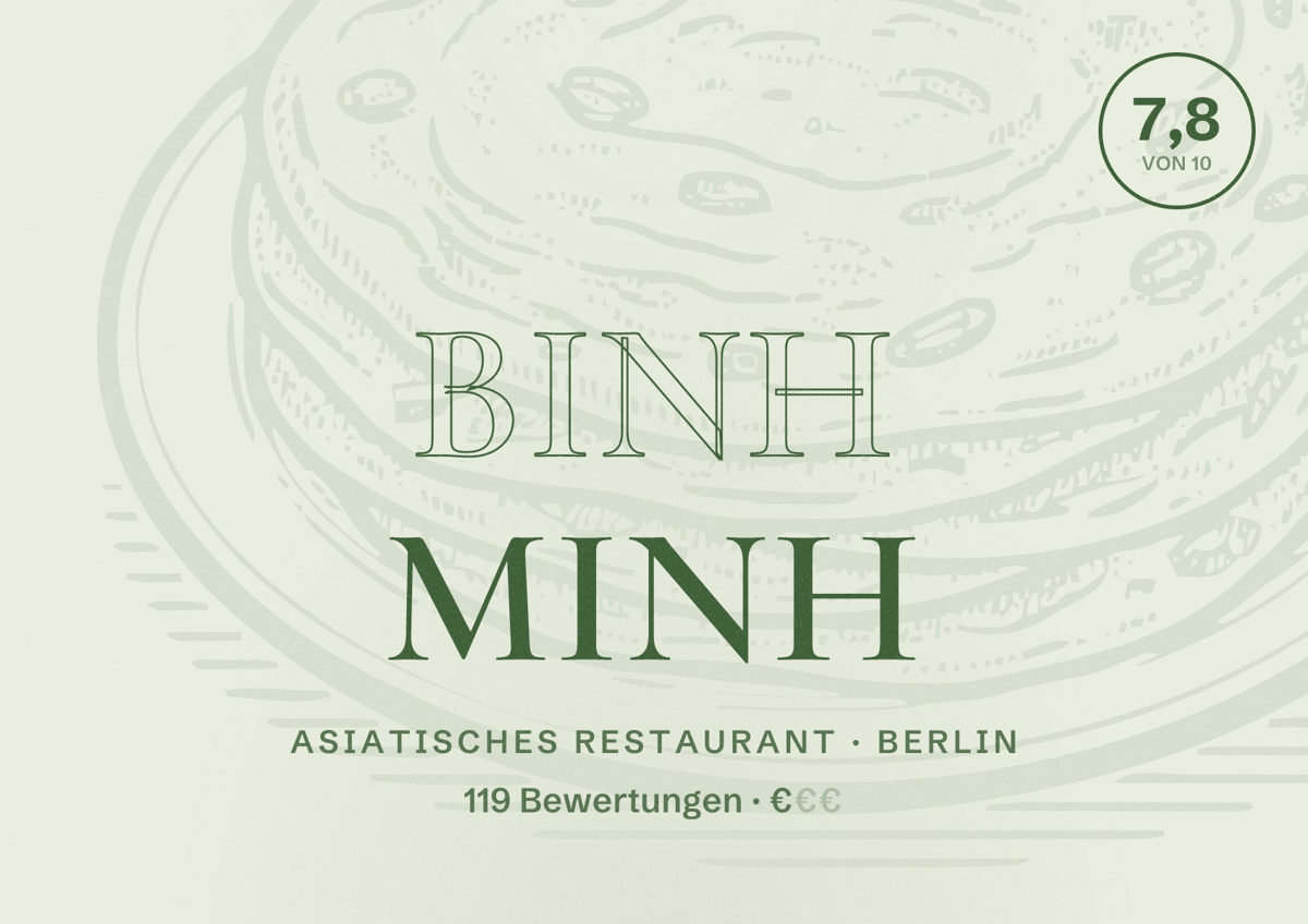 Illustriertes Poster von Binh Minh, Asiatisches Restaurant in Berlin: Bewertung 7,8 von 10 aus 119 Bewertungen, Preisniveau €