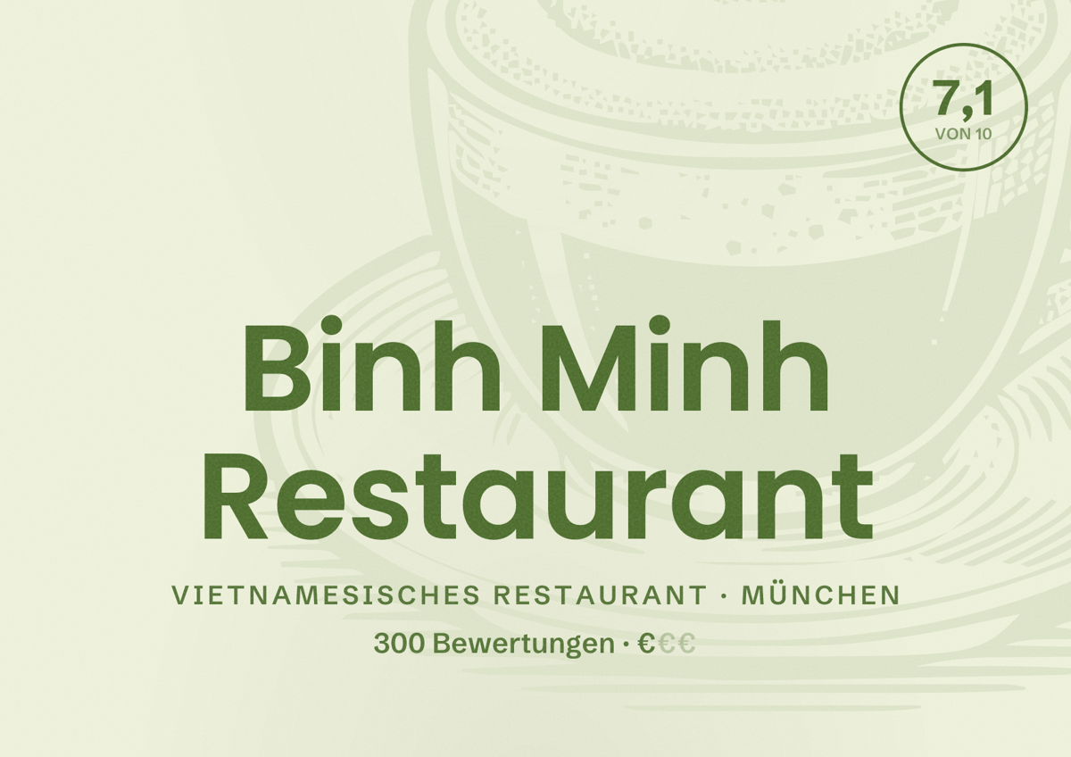 Illustriertes Poster von Binh Minh Restaurant, Vietnamesisches Restaurant in München: Bewertung 7,1 von 10 aus 300 Bewertungen, Preisniveau €